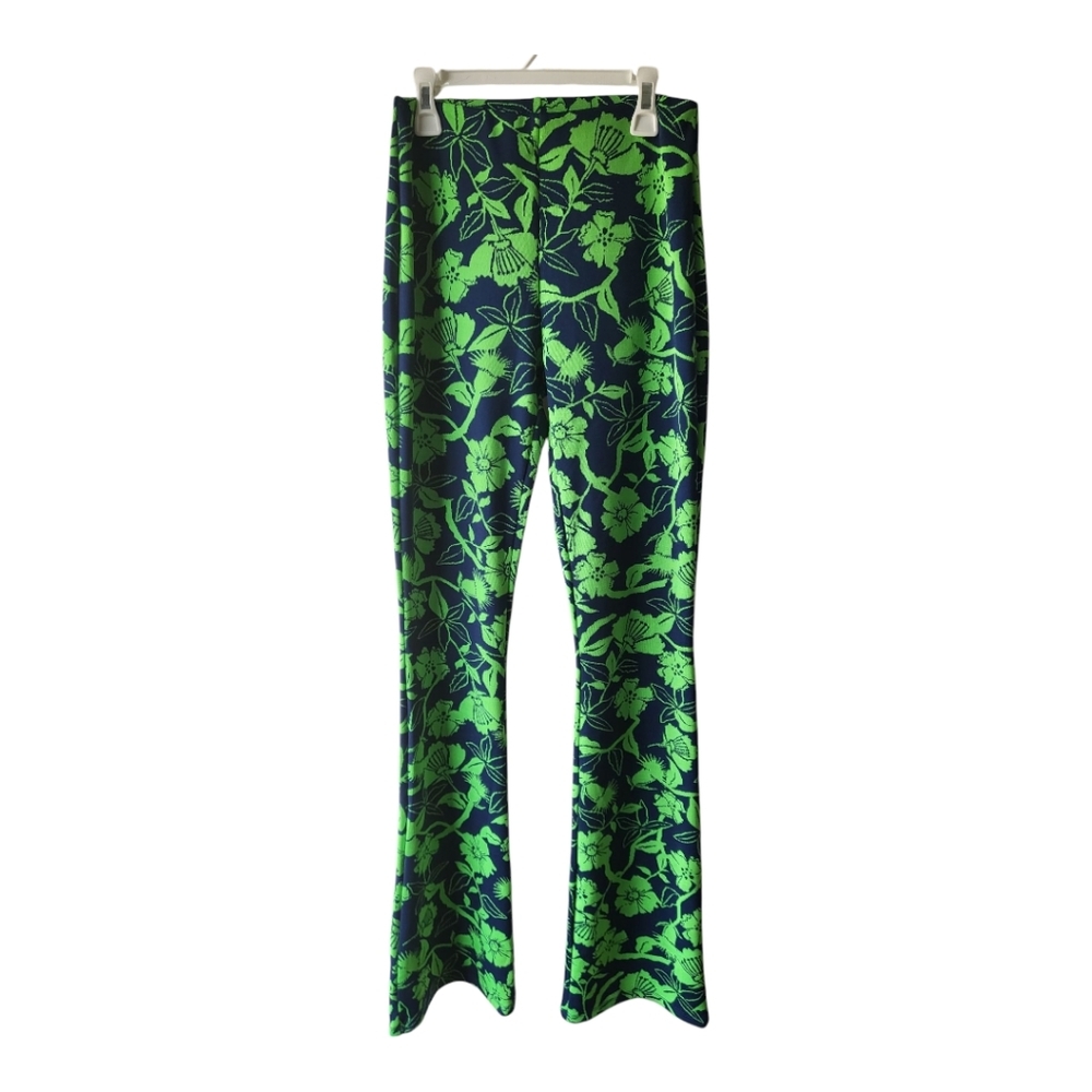 Zara Jacquard Floral‎ Print High Waisted Flare Pants - Green Blue Size S